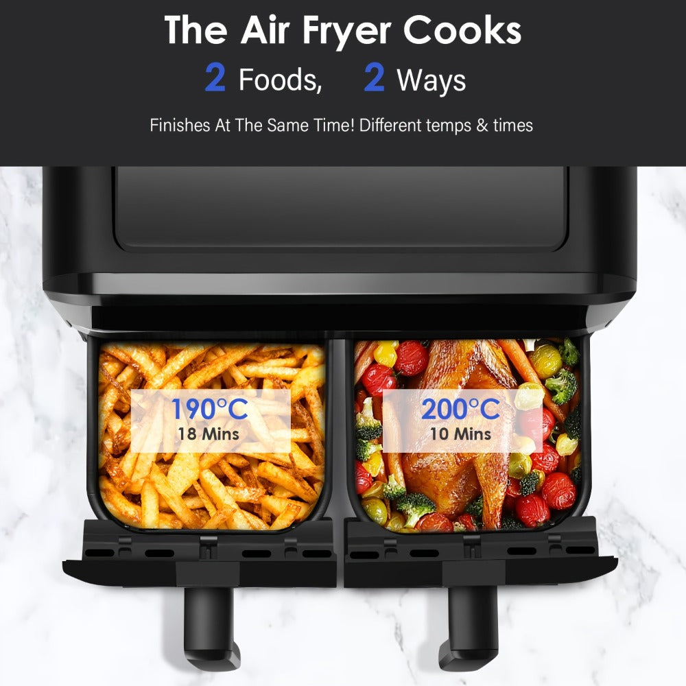 Dual Basket Air Fryer 9.5Qt ¨C 2x4.75Qt Independent Zones, Smart Finish Match Cook, 2400W, 8 Presets, Air Fry Roast Bake Grill, Energy Saving Family-Size Double Basket Air Fryer
