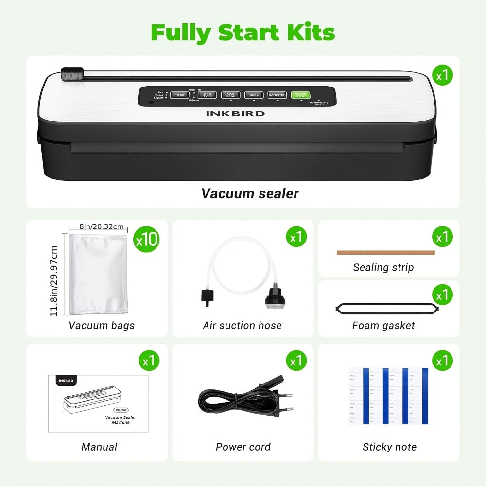 Vacuum Sealer Machine 85KPA ¨C INKBIRD 10-in-1 Food Sealer with Bag Storage, Built-In Cutter, Moist/Dry/Pulse/Liquid/Canister Modes, 200 Continuous Seals, Compact Design for Food Preservation & Sous Vide