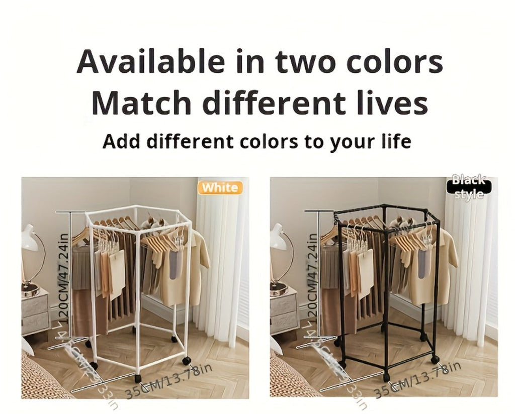 Rotating Clothes Rack Freestanding Vertical Clothing Hanging Rack Space Saving Laundry Rack with Mesh Bag Black White Rotatable Garment Rack for Small Apartment Bedroom Closet