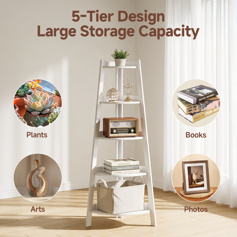 Corner Shelf 5-Tier Scandinavian Storage Cabinet ¨C Space-Saving Vertical Organizer with Baskets, Shelves & Drawer, Modern Plastic Corner Rack for Home, Study, Balcony & Bathroom (White)