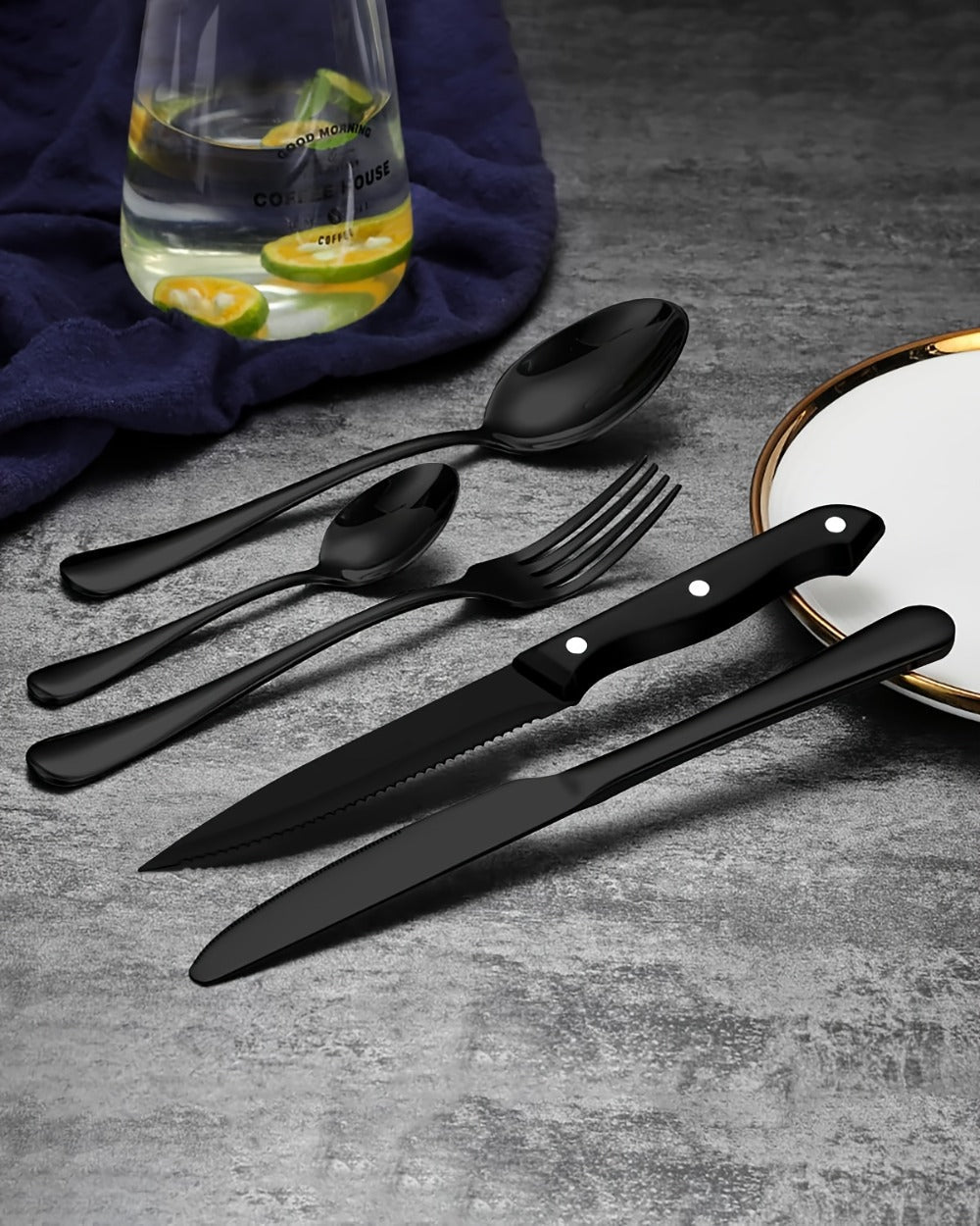 Stainless Steel Flatware Set with Steak Knives ¨C 24/48 Piece Silverware Set Service for 4 or 8, Mirror Polished Cutlery, Dishwasher Safe, Silver & Black