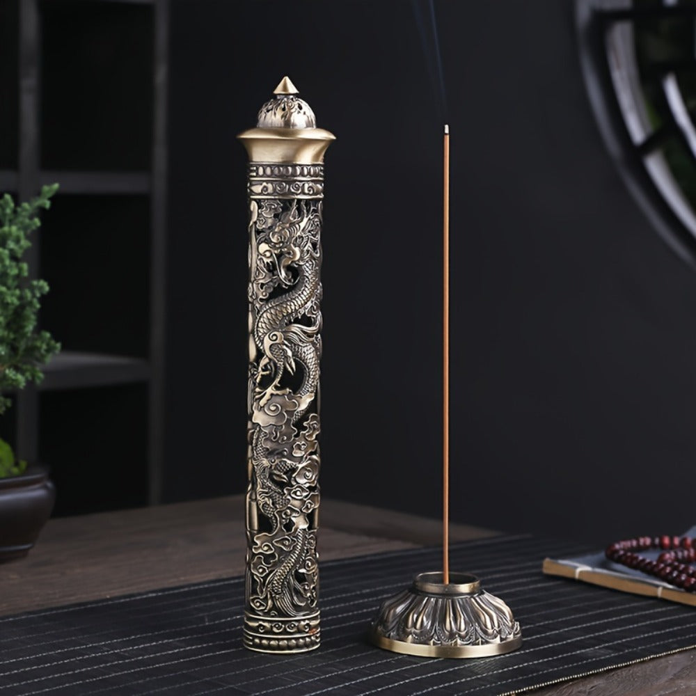 Incense Stick Holder Metal Retro Vertical Design, Dragon & Phoenix Heart Sutra Motif Brass Incense Burner Stand, Home Office Altar Meditation Ceremony Decoration Gift