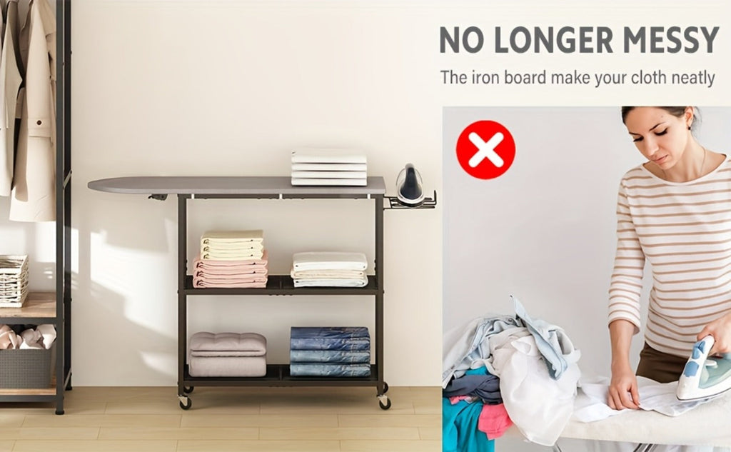 3-Tier Ironing Board Cart with Wheels ¨C Rolling Laundry Station with Multi-Layer Storage Shelves for Living Room, Bedroom & Outdoor Use