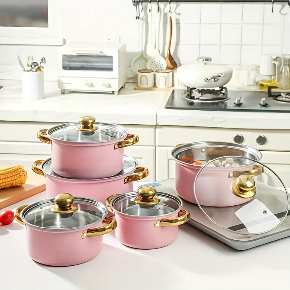 304 Stainless Steel Cookware Set with Golden Handles, 1/10/15pcs Deep Thick Soup Pot & Pan Set for Induction & Gas Stoves, Outdoor Camping & Kitchen Cooking, Pink, Silver & Orange