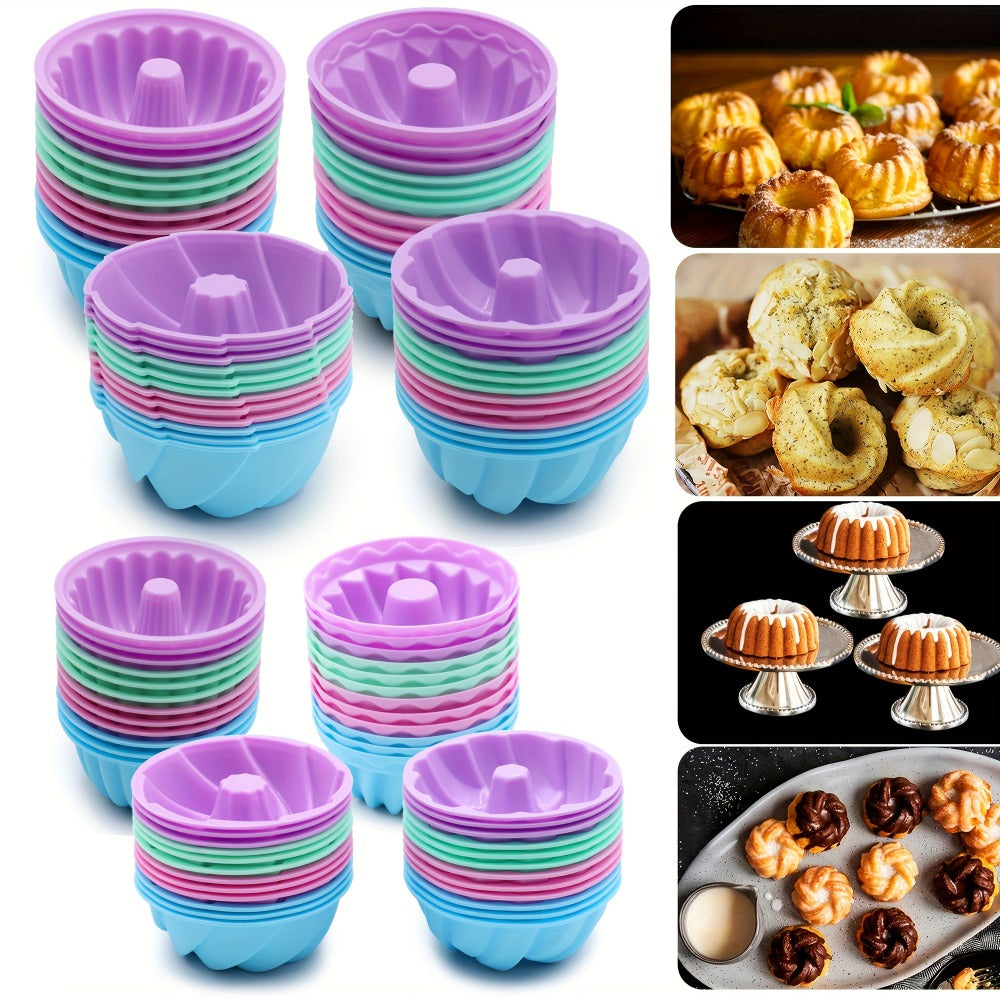 Silicone Donut Mold 48pcs, Nonstick Silicone Baking Cups with 4 Shapes (Thread, Woven, Pumpkin, Flower), Muffin Jello Bagel Pan, Oven Microwave Dishwasher Safe Silicone Baking Molds for Donuts and Cupcakes