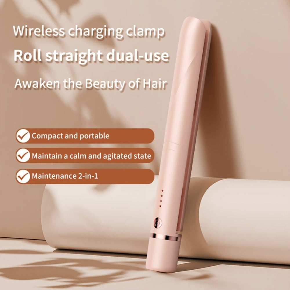 Wireless Hair Straightener and Curling Iron 2-in-1 Ceramic Cordless Hair Styler USB-C Rechargeable 3-Speed Adjustable Temperature Portable Travel Hair Tool Women Gift Pink White