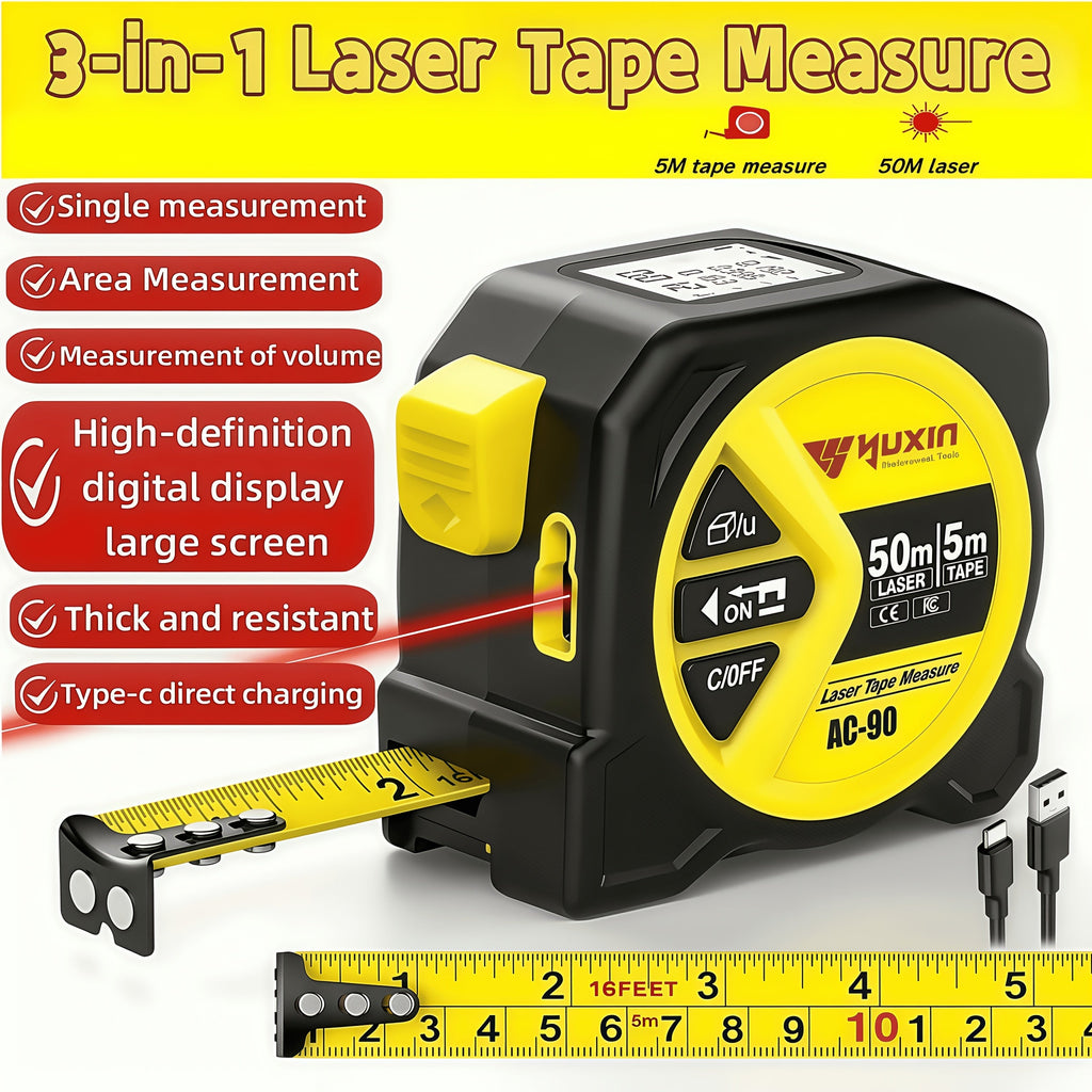 Laser Tape Measure 3-in-1 Digital Distance Meter 50M 165ft High Precision Infrared Rangefinder Smart HD Display USB Charging M In Ft Unit Switching Portable Measuring Tool