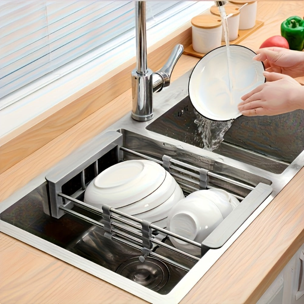 Dish Drying Rack Stainless Steel Adjustable ¨C Expandable Over Sink Dish Rack with Retractable Width & Height for Kitchen Countertop, Space-Saving 304 Stainless Steel Drainer, Easy to Clean
