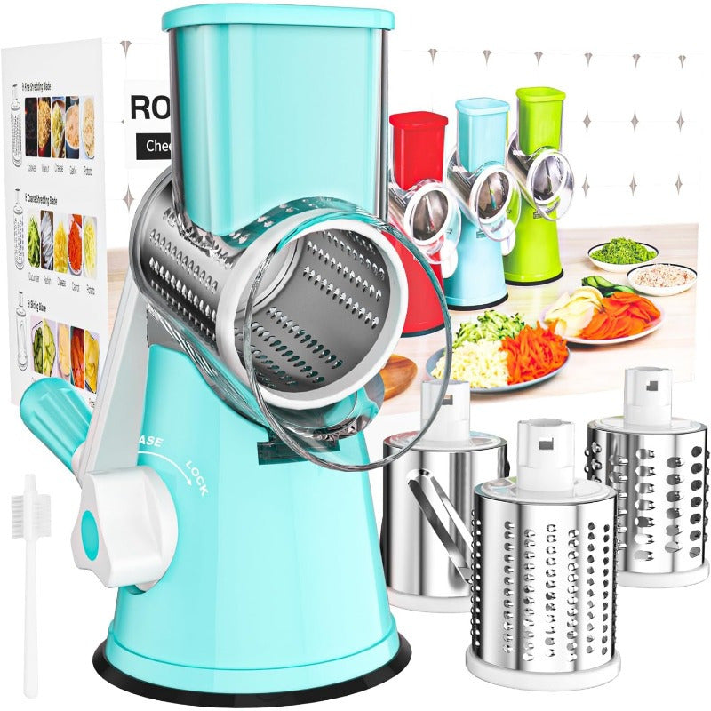 Rotary Cheese Grater with Hand Crank ¨C 3 Interchangeable Blades for Cheese, Vegetables & Nuts, Non-Slip Suction Base, Includes Cleaning Brush ¨C Manual Cheese Shredder for Kitchen (6 Colors)