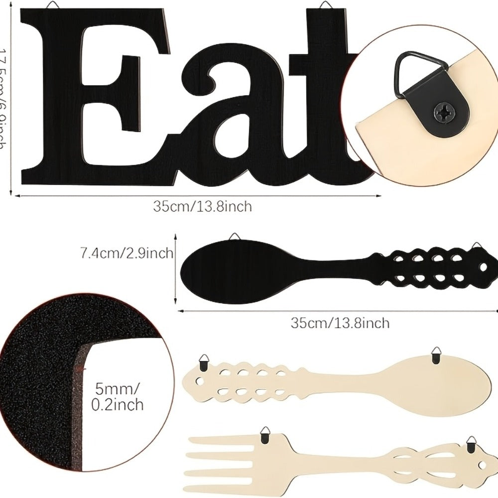 EAT Sign Wall Decor with Fork and Spoon | Rustic Wood Hanging Letters for Kitchen Dining Room | Country Farmhouse Wall Art Wooden EAT Decoration in Black