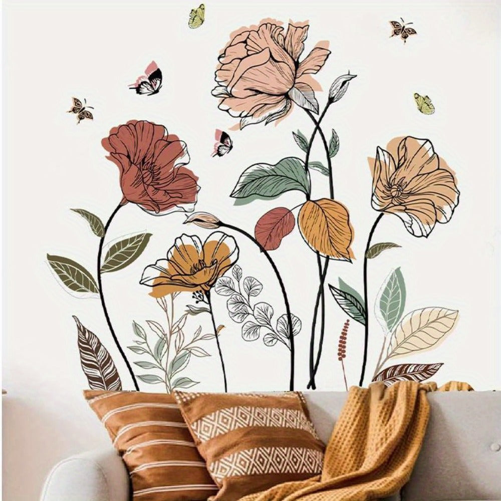 Bohemian Flower Wall Stickers Self-Adhesive Peel and Stick - Wildflowers & Fruits Wall Art Decals for Living Room Bedroom TV Background - Removable Matte Boho Floral Wall Decoration Sticker