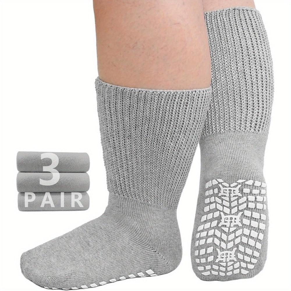 Anti-Slip Wide Socks for Swollen Feet 3 Pairs Grippy Sole Diabetic Non-Binding Breathable Edema Socks Reinforced Toe Heel Black White Grey Size 9-13 13-15
