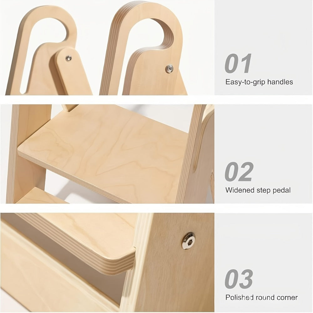 Foldable Step Stool Non-Slip Double-Tier with Handle Portable Toilet Training Stool for Bathroom Kitchen Bedroom Countertop Sink Kids Adults Natural Wood Finish Sturdy Step Ladder