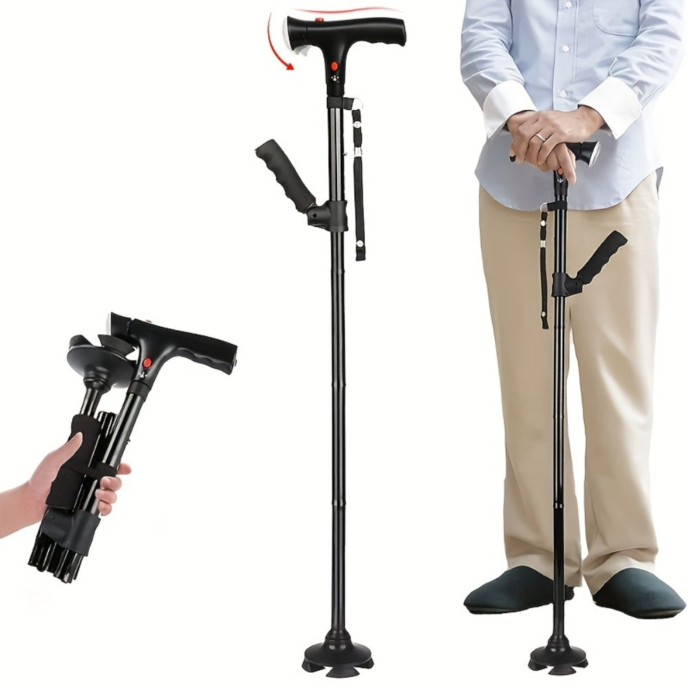 Foldable Walking Cane for Seniors Adjustable Height Folding Stick with Wrist Strap T-Handle Printed Design Portable Lightweight Mobility Aid Gift for Parents