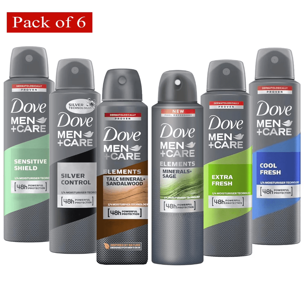 Dove Men+Care Dry Spray Antiperspirant Deodorant Pack of 6 ¨C 150mL Each (5 fl oz), 48H Protection, Alcohol-Free, Assorted Scents, Total 30 fl oz