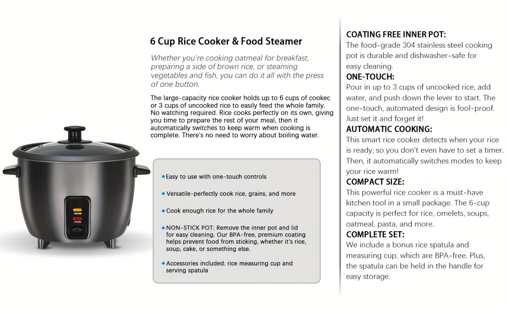 Rice Cooker & Yogurt Maker 3-Cup Nonstick ¨C 1.5Qt Multicooker with Auto Keep Warm, One-Touch Operation, Stainless Steel Inner Liner & Steamer for Grain, Oatmeal & More