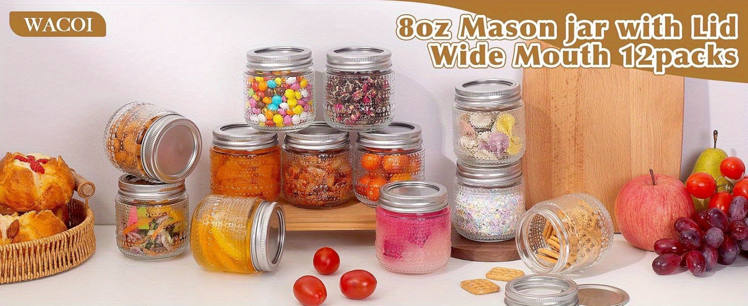 Mason Jars 8oz with Lids 12 Pack ¨C Clear Glass Canning Jars with Silver Metal Lids, BPA-Free Food-Grade, Dishwasher Safe ¨C for Storing, Pickling, Honey, Jam, Candles & DIY Crafts