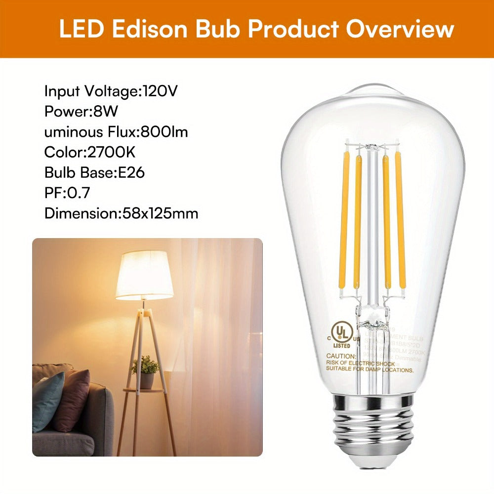 ST58 Vintage Edison LED Filament Bulb 8W 2700K Warm White Dimmable ¨C 60W Equivalent E26 Base Clear Glass Antique Style for Chandelier Pendant Bedroom Living Room Home Commercial, 12 & 24 Pack