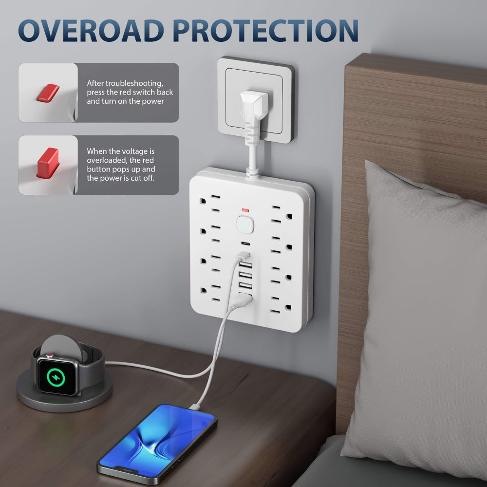 Power Strip Surge Protector 14-in-1 with 8 AC Outlets, 4 USB & 2 Type-C Ports ¨C Flat Plug Space-Saving Extension Cord, Compact Multi-Plug Outlet Expander for Home Office Desk & Kitchen