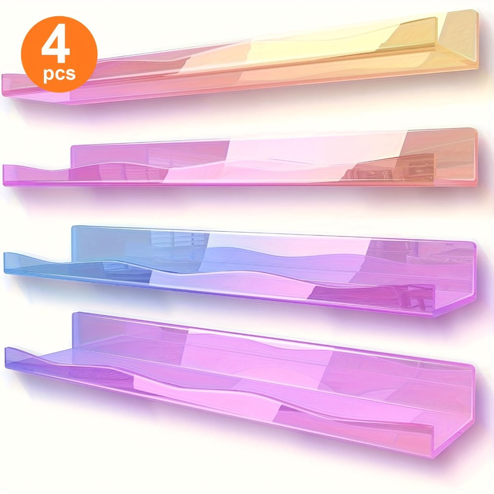 Iridescent Acrylic Floating Shelves Wall Mounted ¨C Colorful Rainbow Storage Rack for Nail Polish, Cosmetics & Sundries, Art Deco Style Bathroom & Bedroom Shelf, 2 or 4 Pack (Pink / Macaron / Clear)