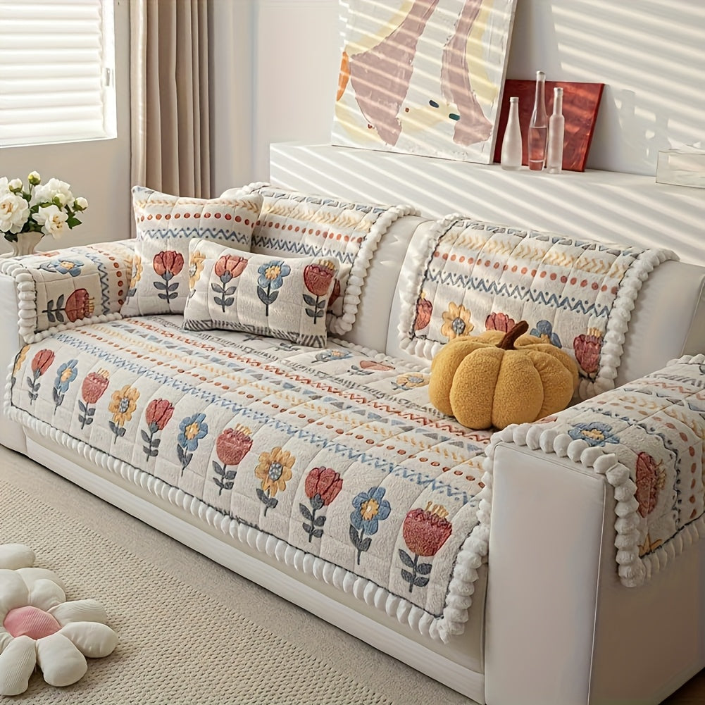 Bohemian Floral Quilted Sofa Cover - Thick Milk Fleece Warm Cozy Couch Protector Machine Washable with Ruffle for 2 3 4 Seater Living Room Decor, White