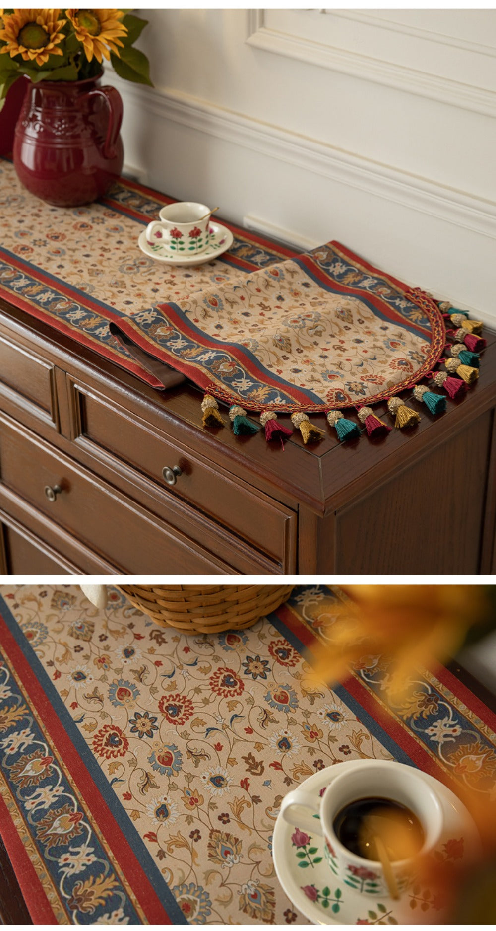 Boho Table Runner with Tassels | American Retro Style for Dining Table, Tea Table & TV Cabinet