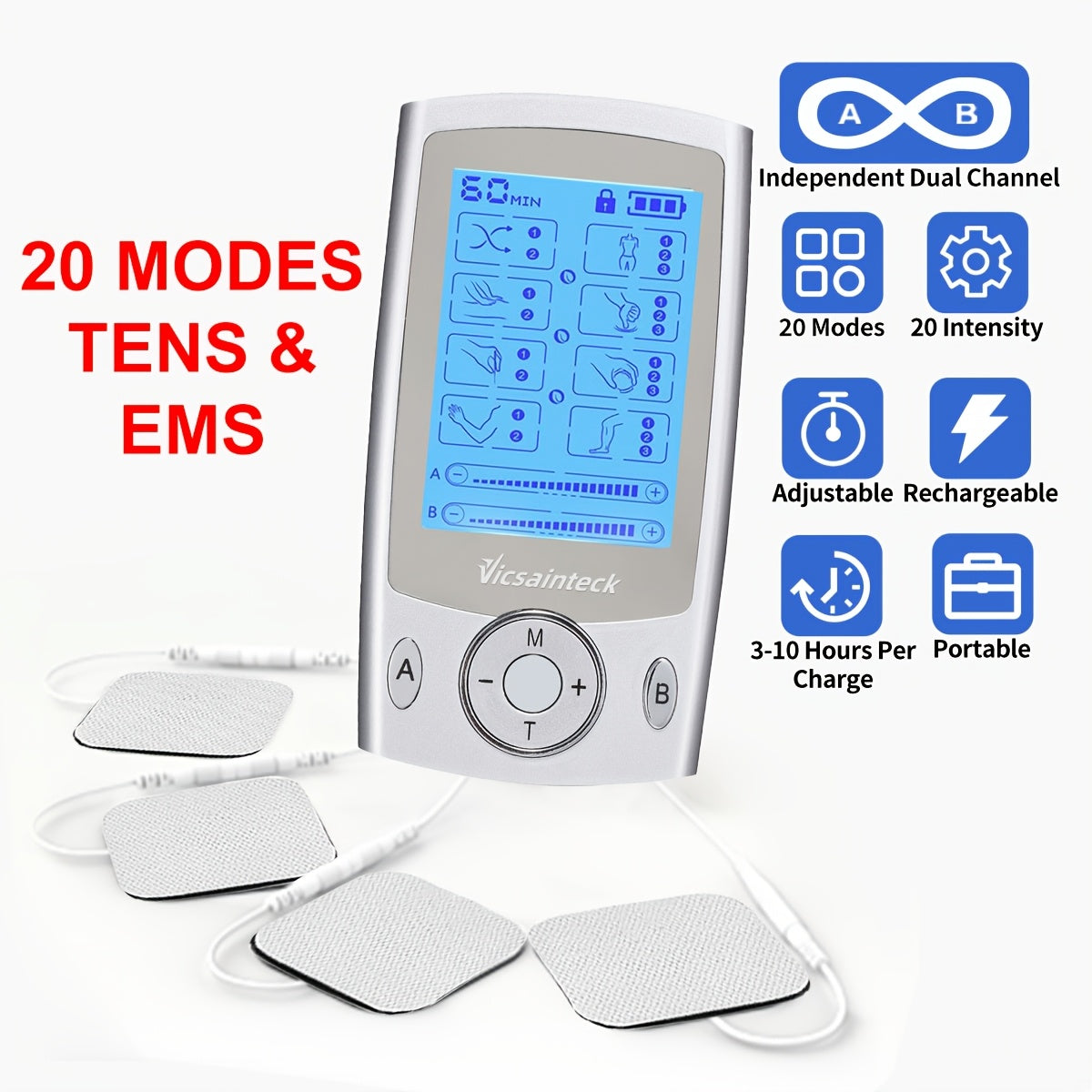 Portable TENS EMS Unit Muscle Massager ¨C 16 Modes 20 Intensity Levels, 4 Electrodes for Back, Shoulder, Leg & Foot Pain Relief, Rechargeable Physical Therapy Device for Men & Women