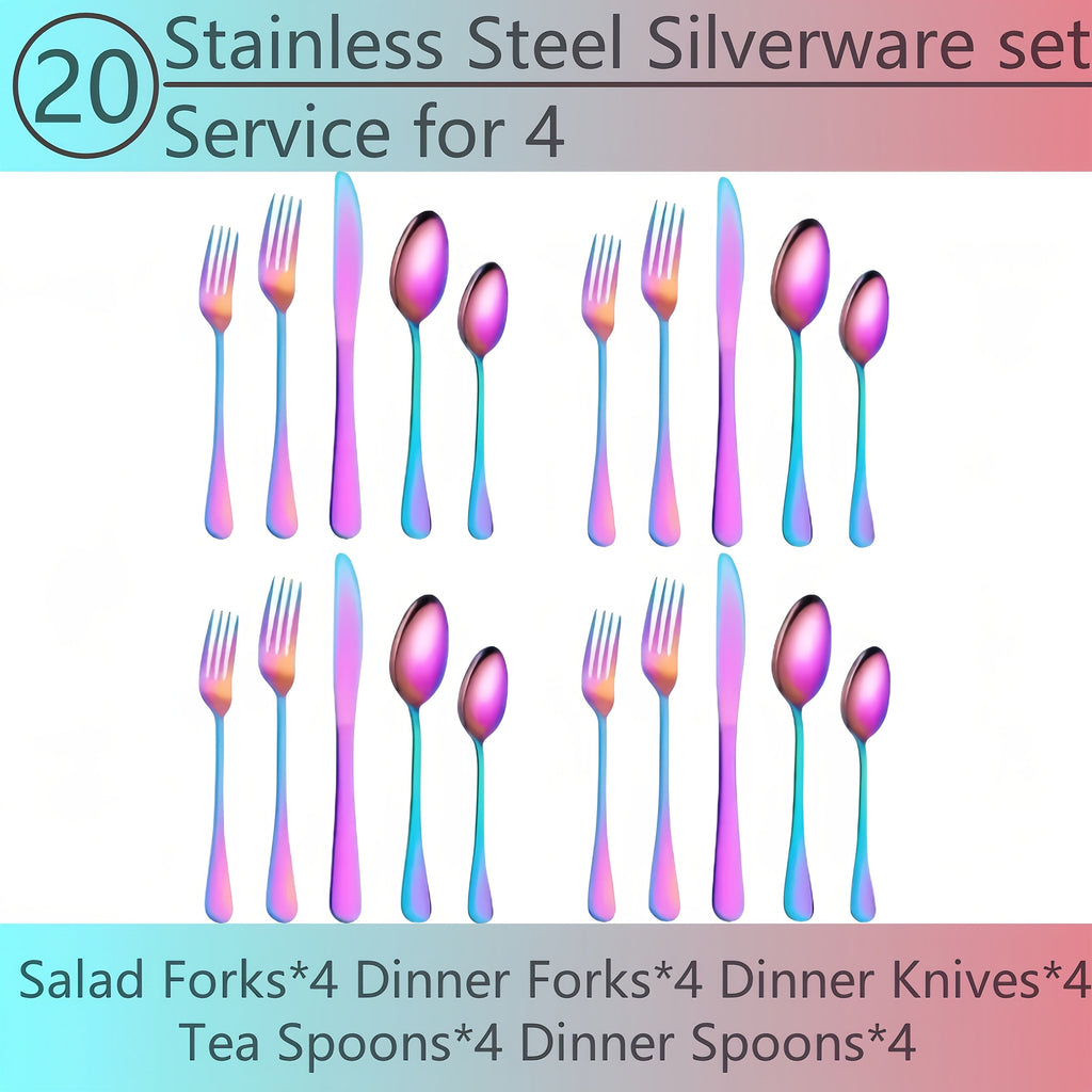 Flatware Set for 12, 60-Piece 304 Stainless Steel Cutlery Set with Mirror Polish & Titanium Plated Finish ¡ª Dishwasher Safe Silverware with Knife, Fork & Spoon | Silver, Gold & Rainbow