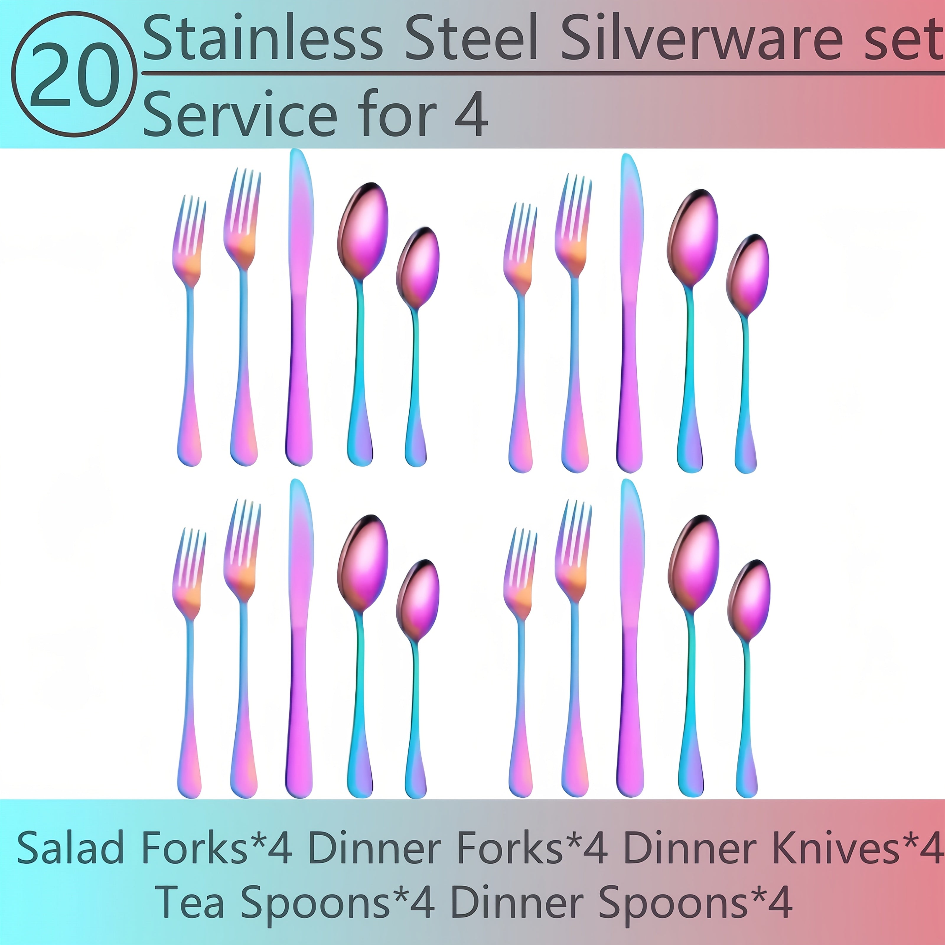 Flatware Set for 12, 60-Piece 304 Stainless Steel Cutlery Set with Mirror Polish & Titanium Plated Finish ¡ª Dishwasher Safe Silverware with Knife, Fork & Spoon | Silver, Gold & Rainbow