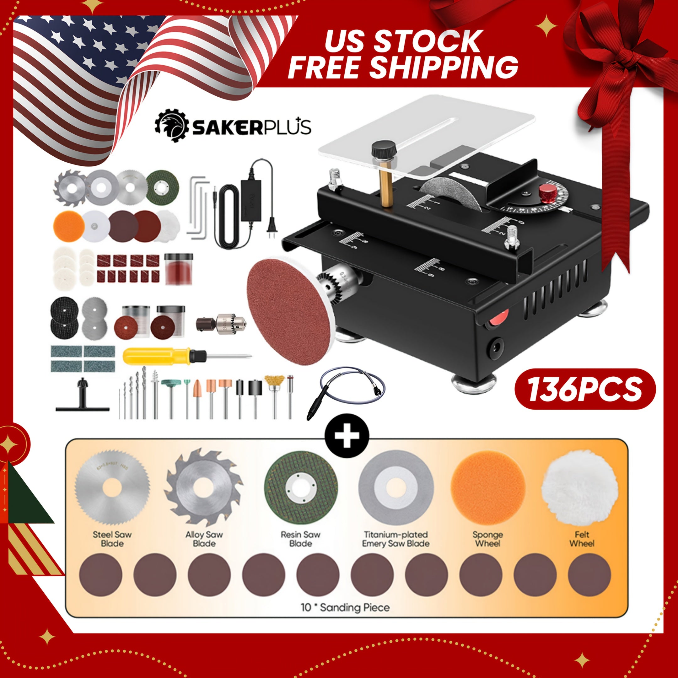 SakerPlus Mini Table Saw - 120/136pcs Multifunctional Portable All-in-One Machine, 7-Speed Adjustable, Cutting Sanding Carving Drilling for Metal, Wood & Aluminum, DIY Power Tool Gift for Men