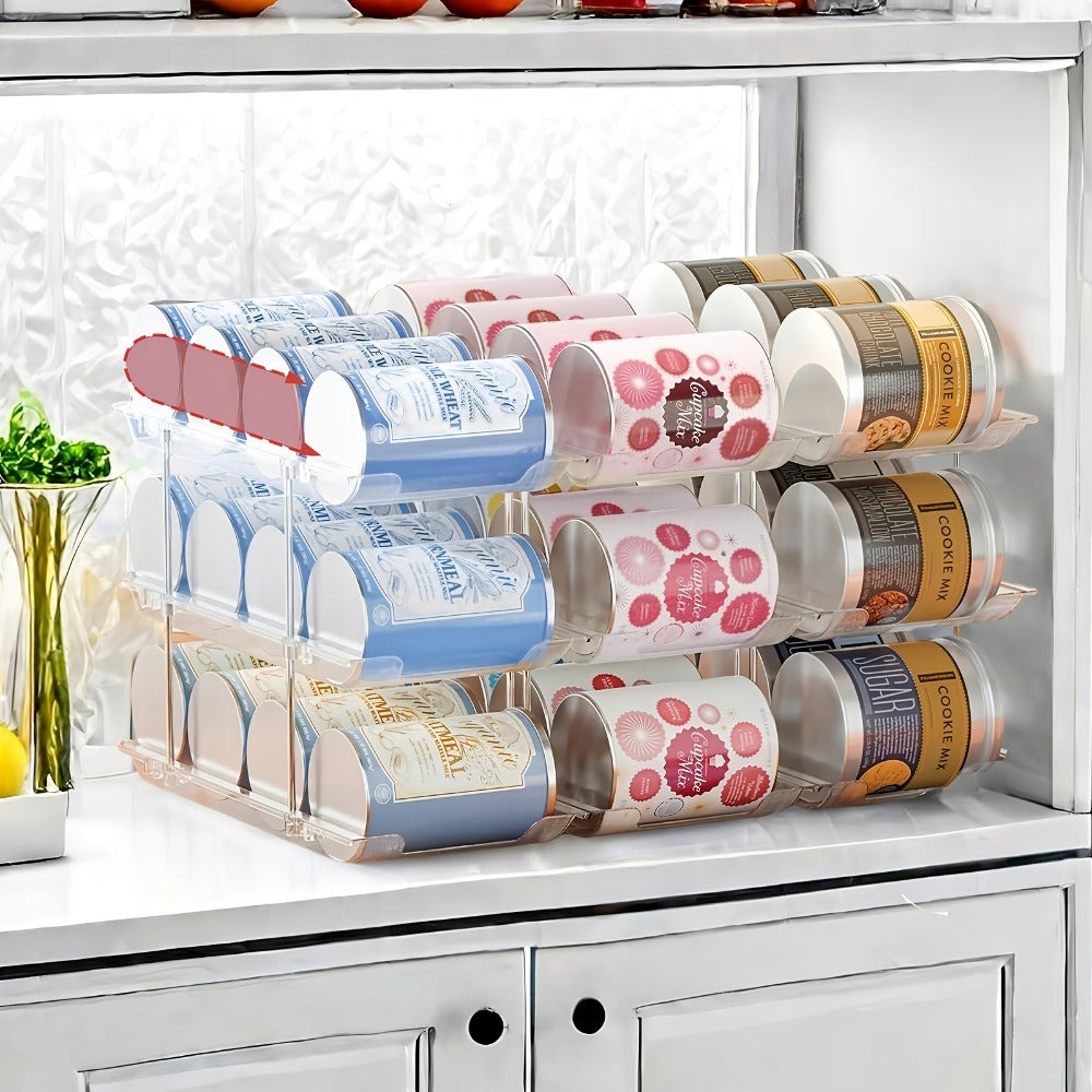 Can Storage Rack Pantry Organizer 36-Can Capacity 3-Tier Auto-Rolling Stackable | Transparent PET Canned Food Organizer for Kitchen Pantry Garage Dorm | Tool-Free Assembly for Soda Soup Vegetable Cans