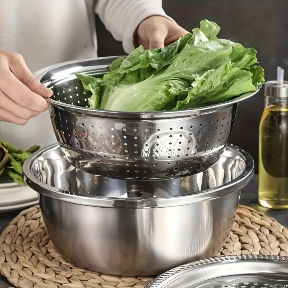 Stainless Steel Kitchen Tool Set 3pcs ¨C Built-In Grinder, Colander Filter & Mixing Bowl for Washing, Slicing & Draining Fruits, Vegetables & Cheese, Food-Safe Drainage System