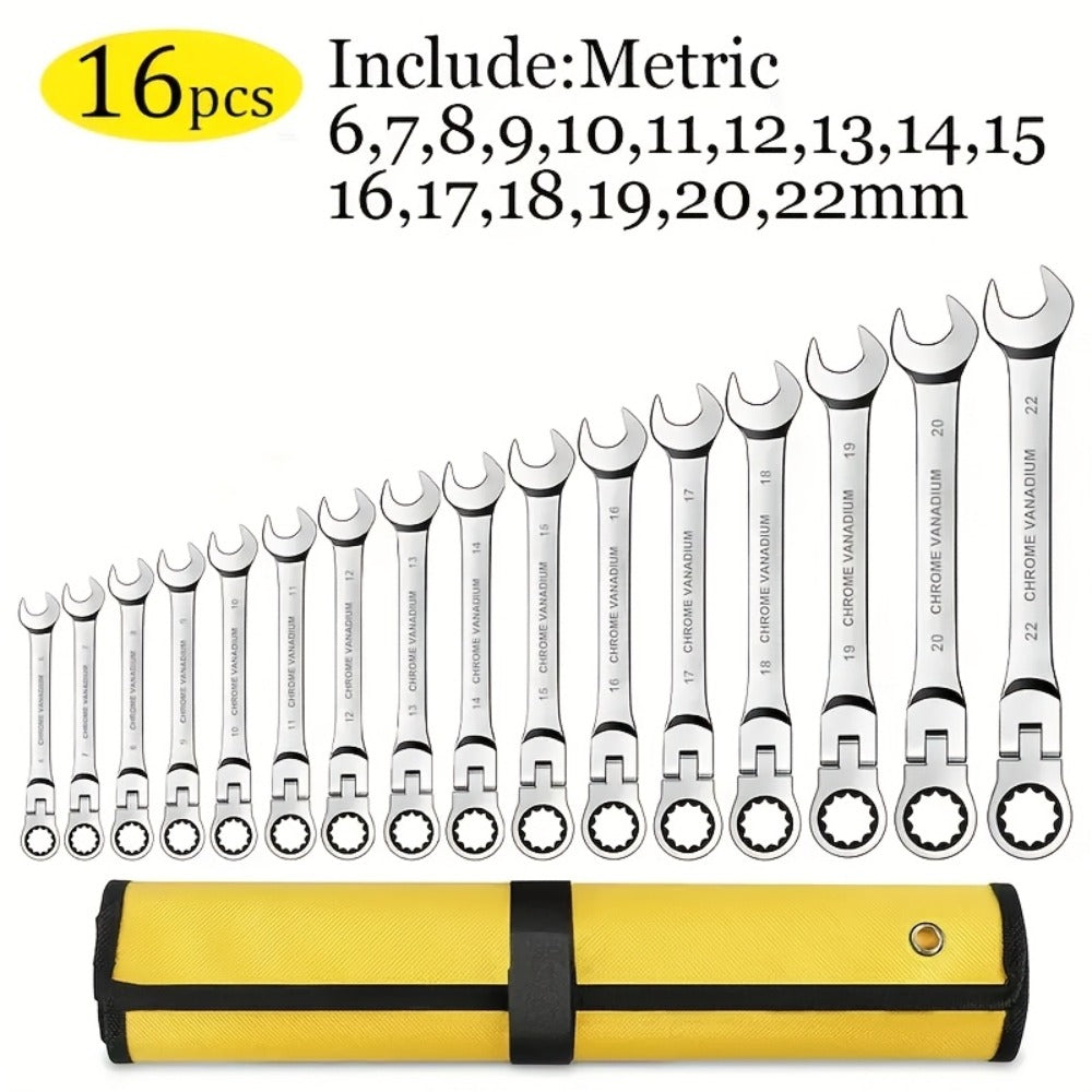 Ratcheting Wrench Set 16pcs Flex Head 180¡ã, Metric 6-22mm CR-V Steel Combination Wrench Kit with 72-Tooth Ratchet & Organizer Bag, Professional Flex Head Ratchet Wrench for Auto & Home Repair