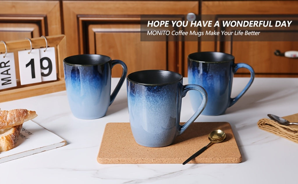 Gradient Blue Ceramic Mugs Set of 6 ¨C 14 Oz Reaction Glaze Coffee Mugs ¨C Durable Stain-Resistant Unique Design ¨C Perfect for Coffee, Tea & Gifting at Weddings, Parties & Holidays