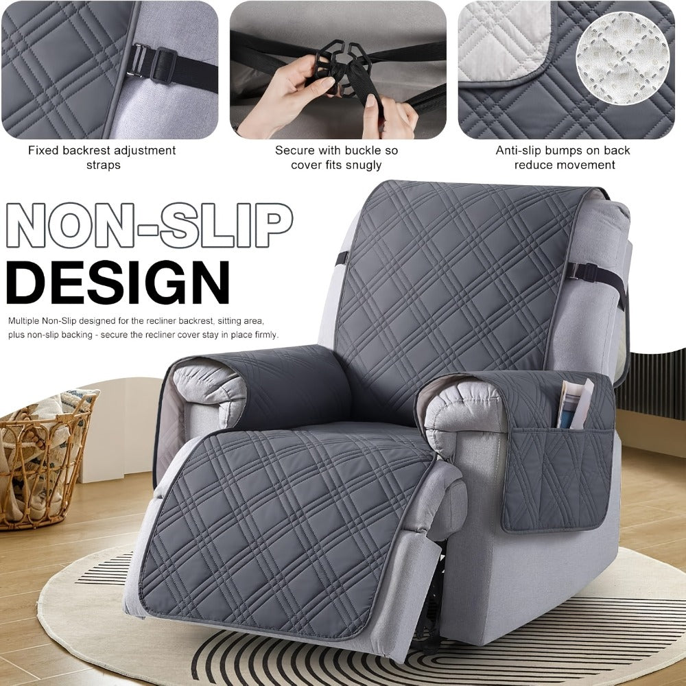 Recliner Cover Quilted with Side Pocket - Anti-Slip Elastic Band Pet Friendly Sofa Chair Protective Slipcover Easy Install for Living Room Home Decor, 6 Colors