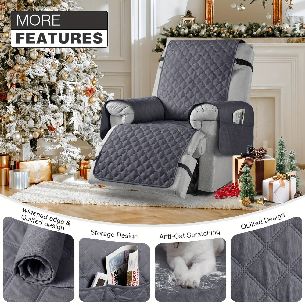 Waterproof Recliner Chair Cover with Pocket | Non-Slip Washable Reclining Sofa Protector for Dogs Cats, Adjustable Strap