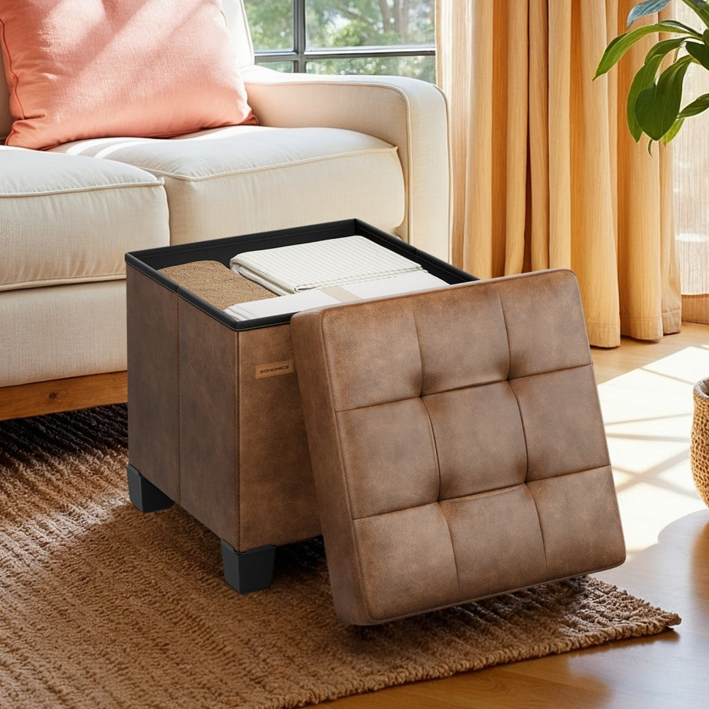 Storage Ottoman Cube with Legs Faux Leather Footstool Footrest 10 Gallon 37L Hidden Storage Seat for Bedroom Living Room Dorm Entryway Toy Box Organizer Black White