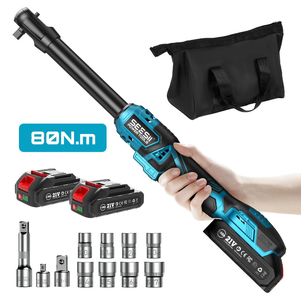 21V Power Ratchet Wrench Set 3/8'' Drive, 59 Ft-lbs 400 RPM Cordless Electric Ratchet, Variable Speed Trigger, 2x 2.0Ah Batteries & Charger, 8 Sockets, 3'' Extension Bar, 1/4'' & 1/2'' Adapter Included