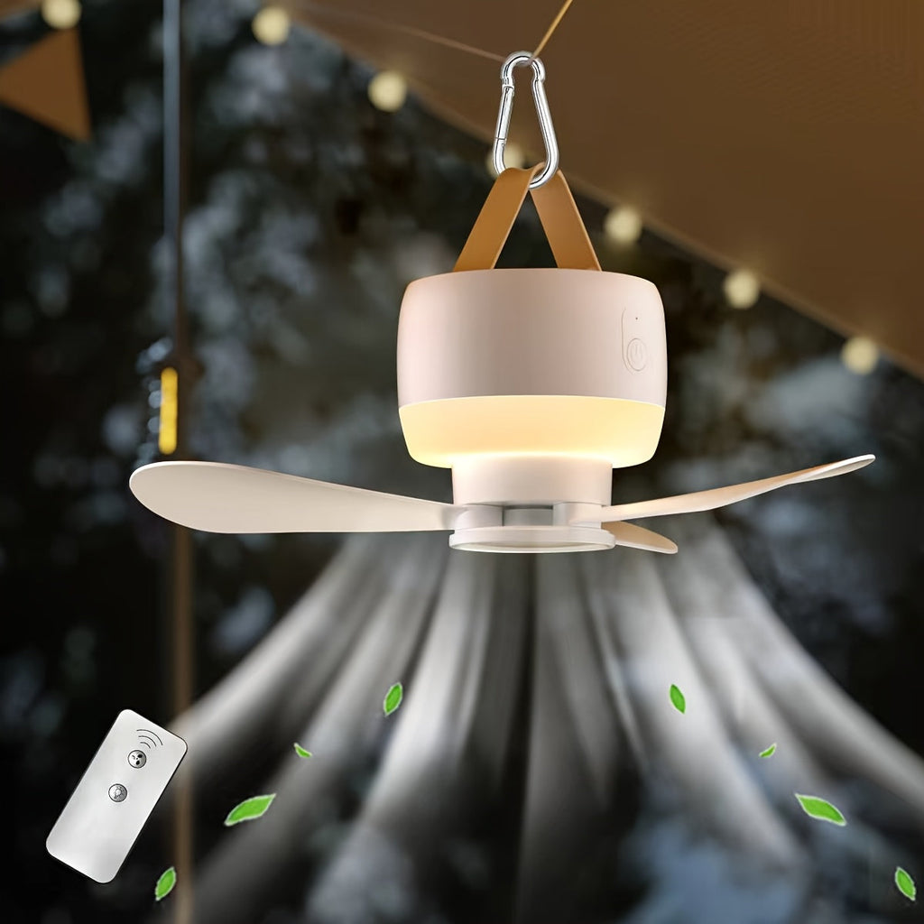 Portable USB Rechargeable Camping Fan with LED Lighting Remote Control Adjustable Detachable Blades Long Battery Life for Outdoor Tent Hiking Travel White