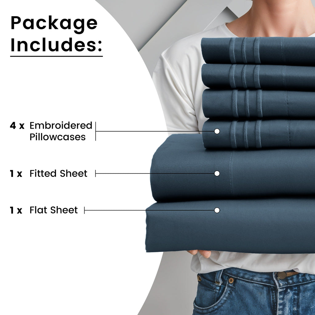 Fitted Sheet Set 6-Piece Brushed Polyester Deep Pocket Bed Sheets 20 Colors Hotel Luxury Soft Bedding with Embroidered Pillowcases