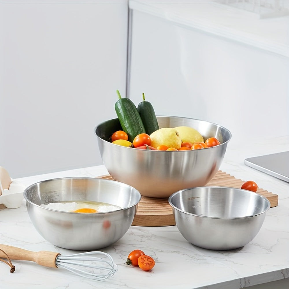Stainless Steel Mixing Bowl Set 3-Piece with Measuring Marks ¨C Small Medium Large Nesting Bowls for Cooking, Baking & Food Prep, Durable 304 Stainless Steel Salad Bowl Set for Kitchen & Restaurant
