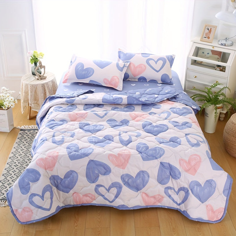 Summer Cooling Quilt Set 3-Piece, Skin-Friendly Thin Comforter with Embossed Print, Soft Breathable Four-Season Lightweight Quilt + 2 Pillowcases for Bedroom Hotel Sofa Single Double Full
