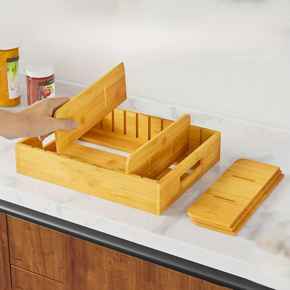 Bamboo Lid Organizer for Kitchen Cabinet with 5 Adjustable Dividers - Tupperware Lid Holder for Food Container Lids, Pot Lids Storage Rack with Writable Labels, 13¡± Wide
