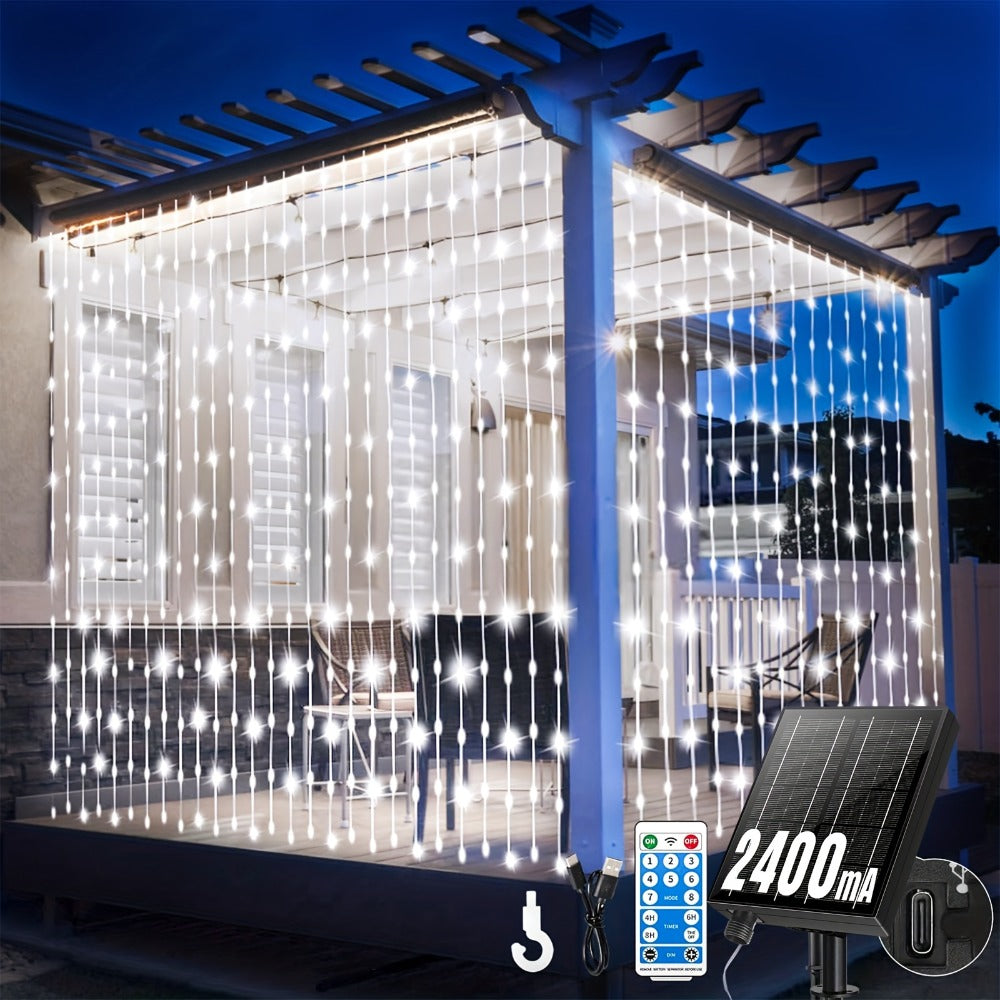 Solar String Lights Outdoor 300 LED Waterfall Fairy Lights, USB Rechargeable with Remote Control, Twinkling Warm White Color White, for Patio Gazebo Garden Backyard Tree Wedding Party Decoration