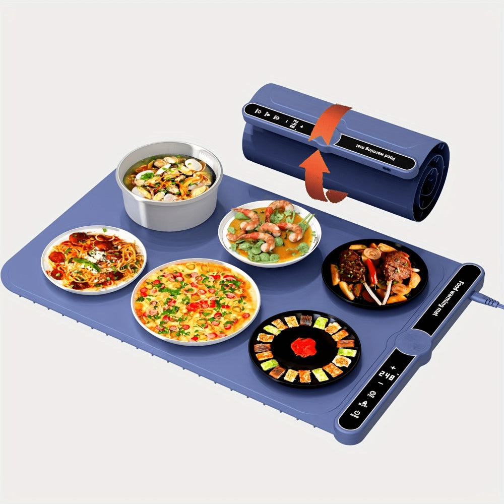Electric Food Warming Mat with 6 Temperature Levels & 6-Hour Timer ¨C Full Surface Roll-Up Heating Tray for Holiday Parties Buffets Dining Table Keeps Food Warm Blue Beige