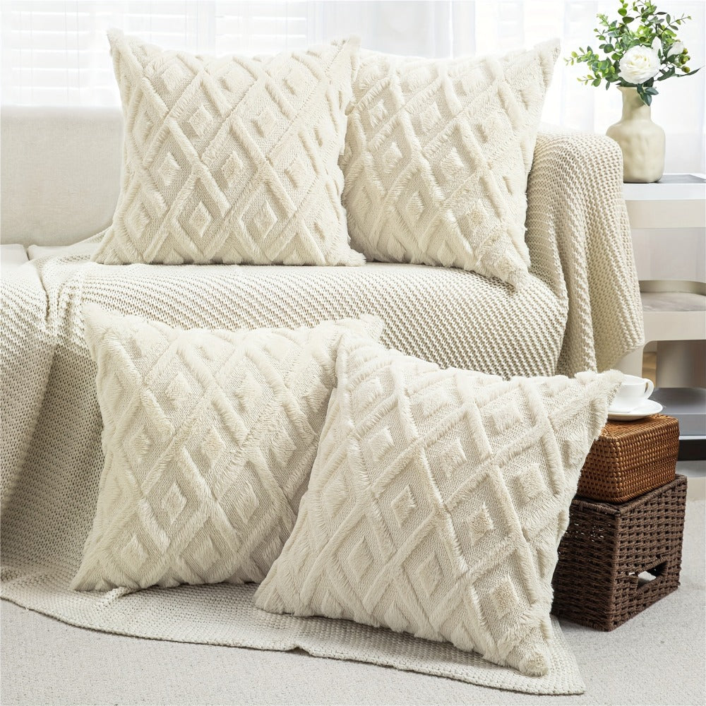 Luxury Faux Wool Pillow Covers 18x18 Set of 4 Boho Soft Plush Decorative Cushion Cases with Zipper for Couch Sofa Living Room - Heather Pink Navy Blue Yellow