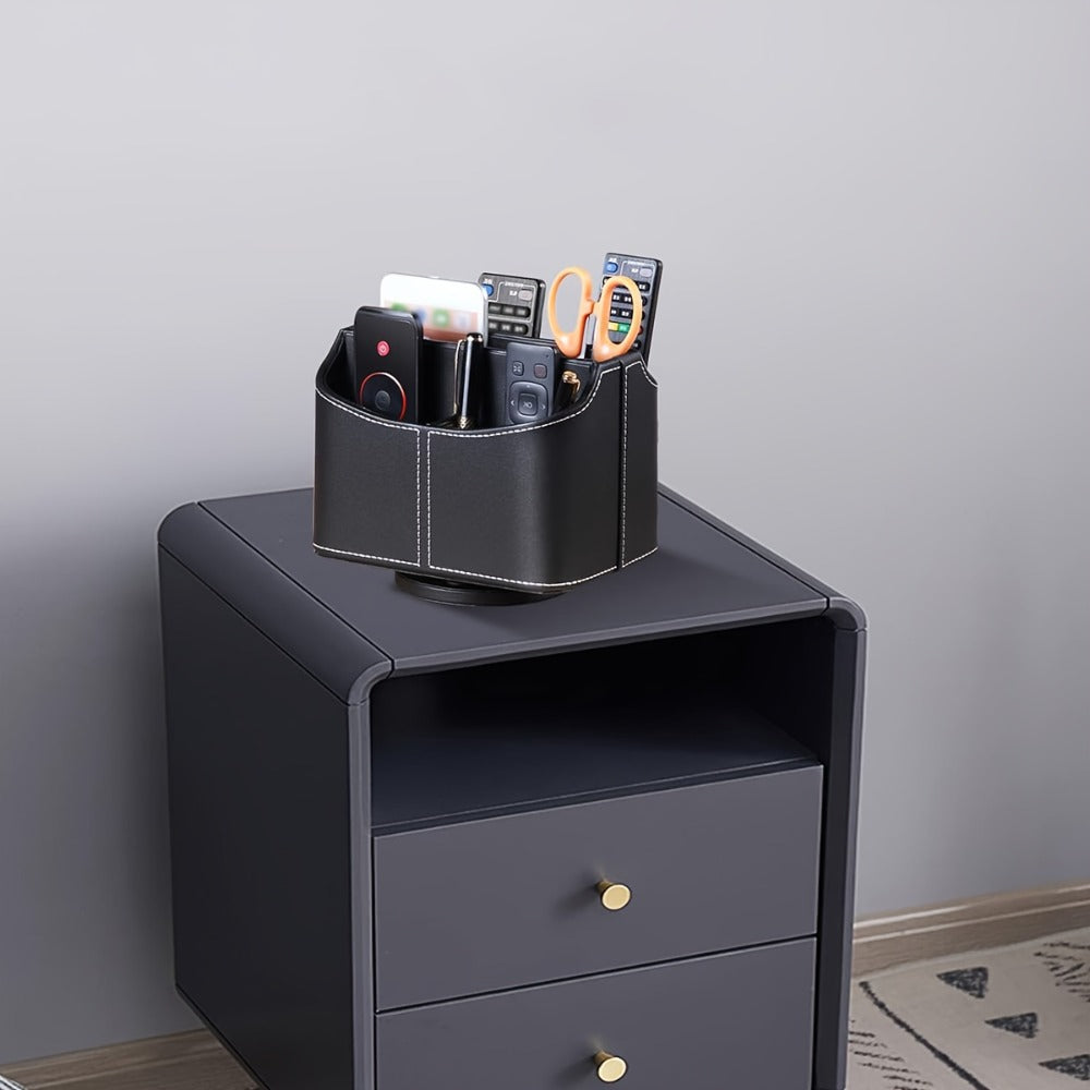 360¡ã Swivel Remote Control Holder with 5 Compartments ¨C PU Leather Desktop Organizer Caddy for TV Remotes, Phones, Glasses, Cosmetics & Stationery, Rotating Storage Box for Home Office Nightstand