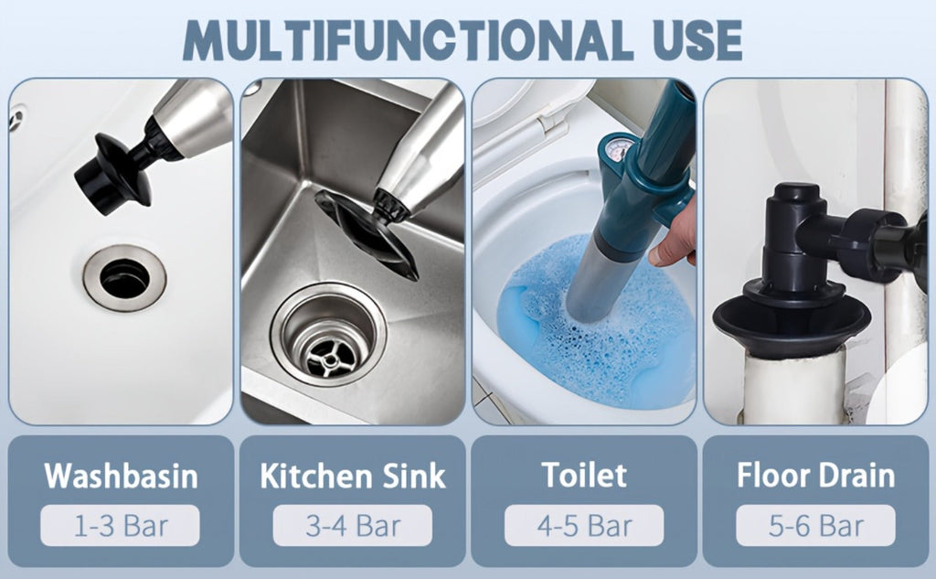 Toilet Plunger Set High Pressure Air Drain Unclogger - Stainless Steel Toilet Snake & Air Discharge Impactor for Clogged Toilet, Kitchen Sink, Bathroom Drain & Pipe Blockage Removal