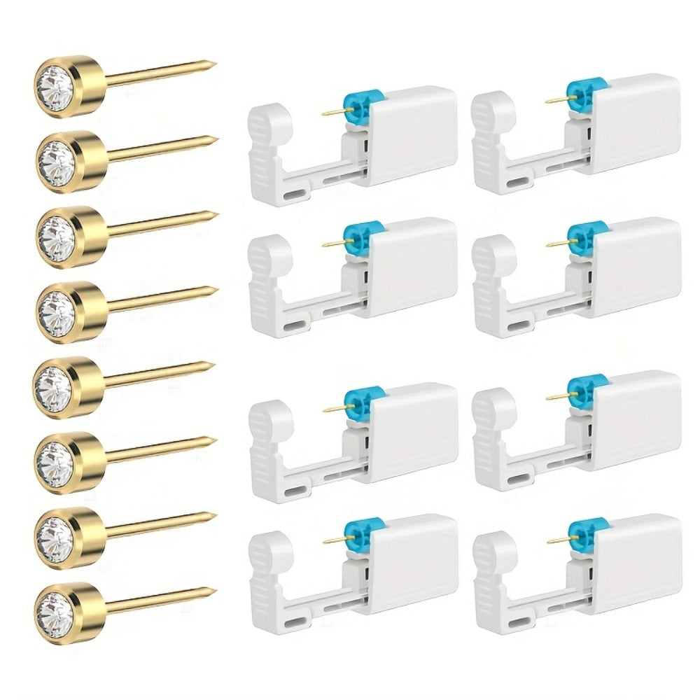 Disposable Ear Piercing Gun Set 8pcs - Stainless Steel Ear Stud Piercing Tool Kit, Safe Portable Self-Piercing Device with Hypoallergenic Earrings for Home Use, Silver & Gold
