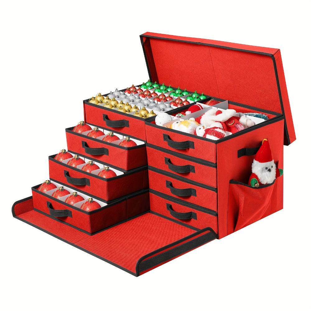 Christmas Ornament Storage Box 128 Slots 8 Trays Stackable Large Capacity Holiday Organizer with Lid Side Open Adjustable Dividers Removable Trays Red Green